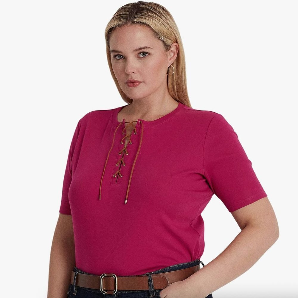 LAUREN Ralph Lauren Lace-Up Stretch Cotton Top Blouse Pink Sz‎ Large NWT Women's